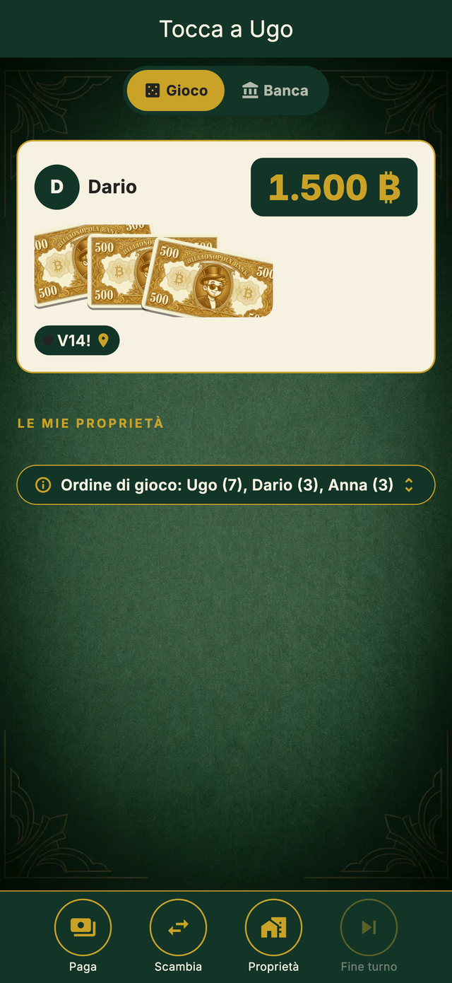 Game screen with dice token and banknotes